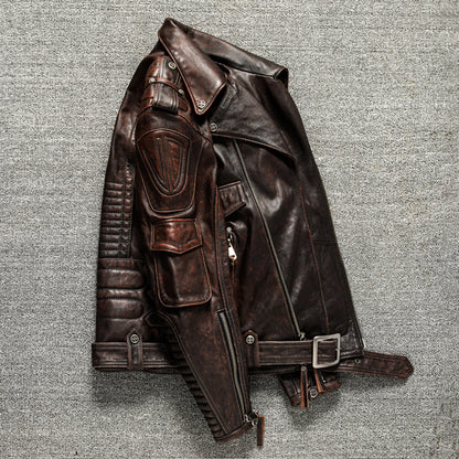 Men's top layer cowhide leather motorcycle jacket short leather jacket
