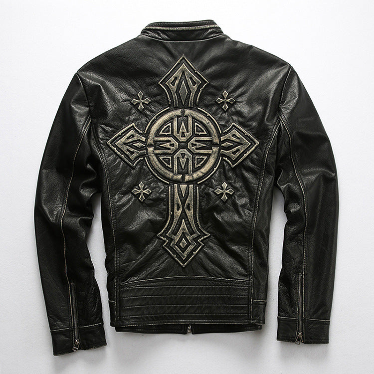 Men's motorcycle jacket with stand collar and distressed cowhide leather jacket
