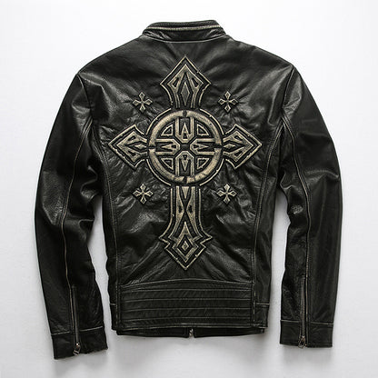 Men's motorcycle jacket with stand collar and distressed cowhide leather jacket