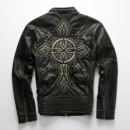 Men's motorcycle jacket with stand collar and distressed cowhide leather jacket