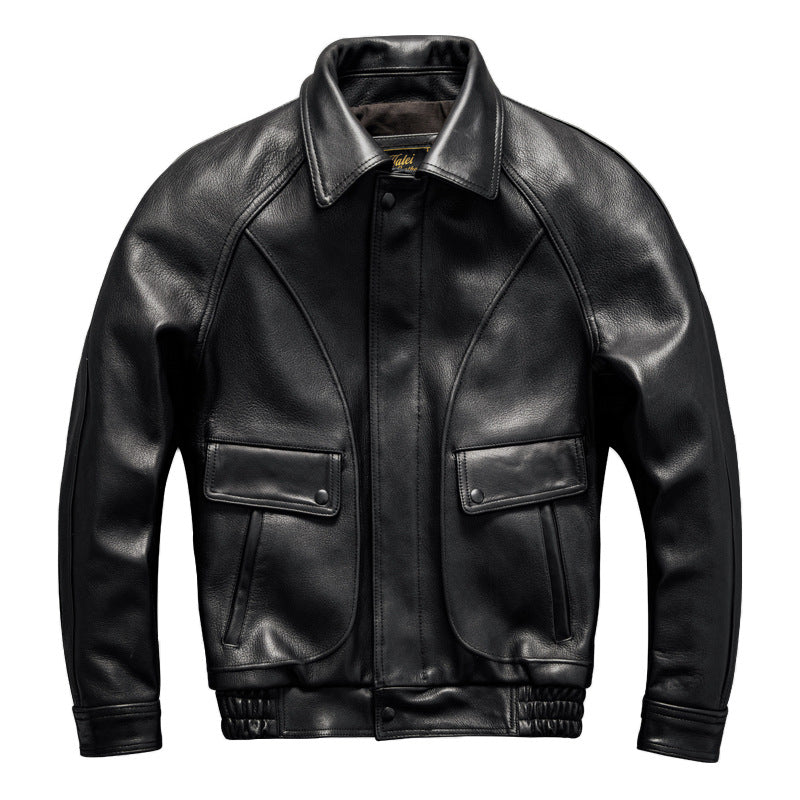 Men's Large Size Sheepskin Genuine Leather Jacket Lapel Casual Jacket Autumn and Winter Coat Thick Leather