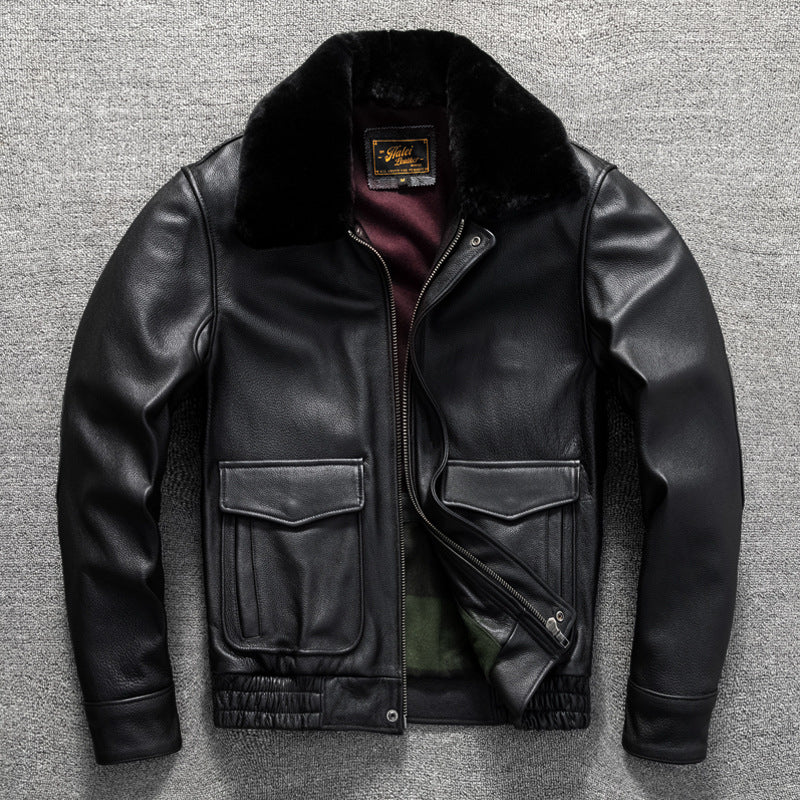 Top layer cowhide genuine leather jacket flight suit fur collar casual men's short autumn and winter large size jacket