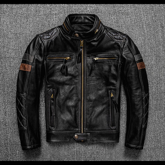 Men's top layer cowhide genuine leather jacket with stand collar motorcycle jacket and protective gear