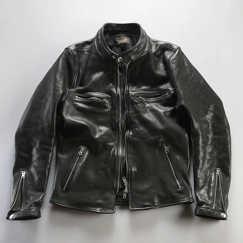Men's vintage washed genuine leather jacket with stand-up collar made of vegetable-tanned sheepskin.