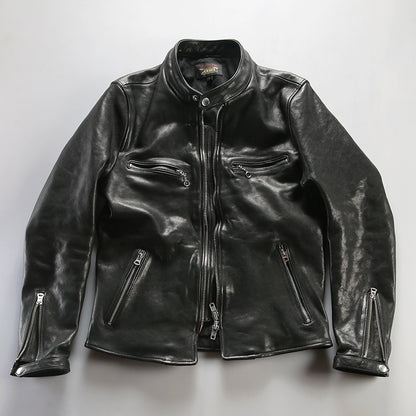Men's vintage washed genuine leather jacket with stand-up collar made of vegetable-tanned sheepskin.