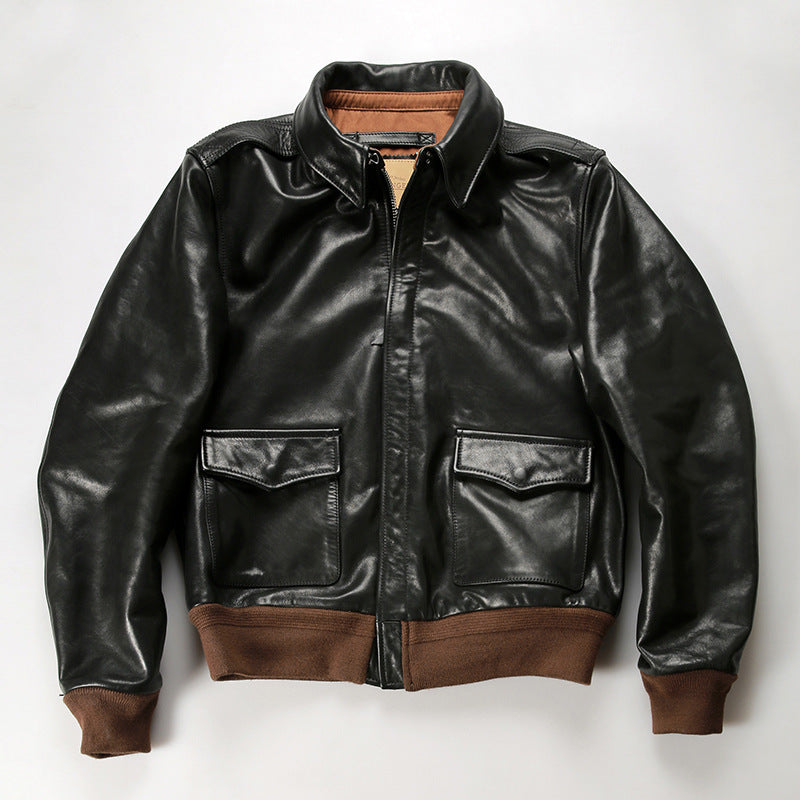 A2 vegetable tanned cowhide bomber jacket men's and women's genuine leather jacket