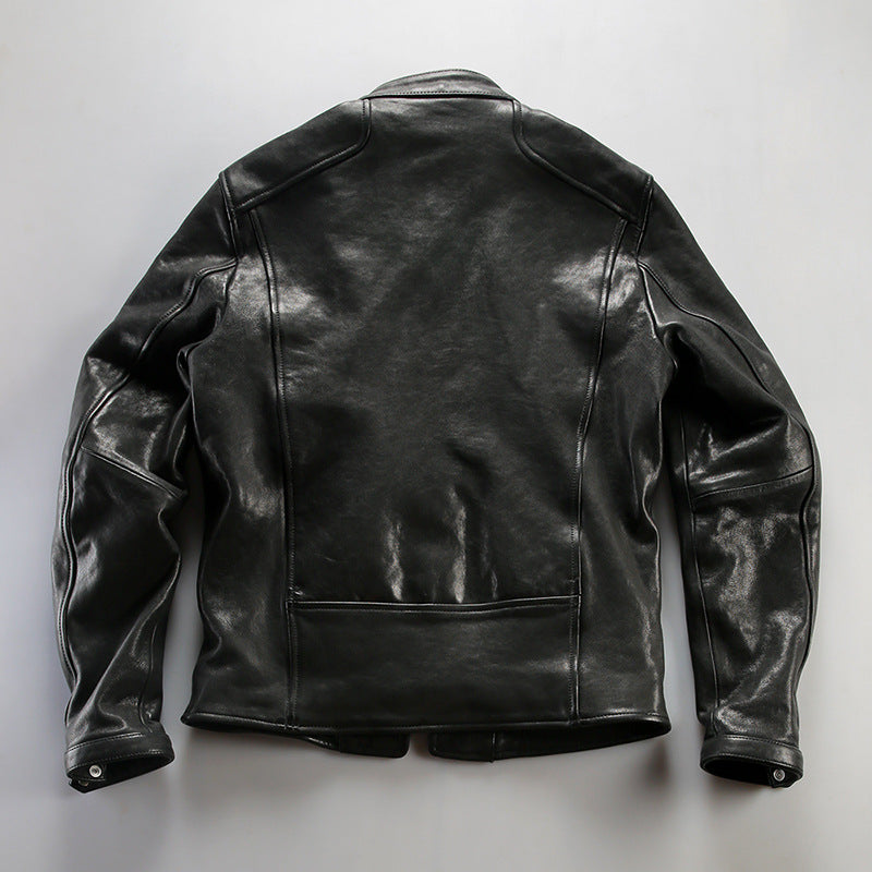 Men's vintage washed genuine leather jacket with stand-up collar made of vegetable-tanned sheepskin.