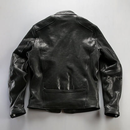 Men's vintage washed genuine leather jacket with stand-up collar made of vegetable-tanned sheepskin.