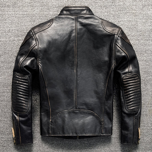 Men's vintage top-grain horsehide stand-up collar short motorcycle style genuine leather jacket Same as the movie