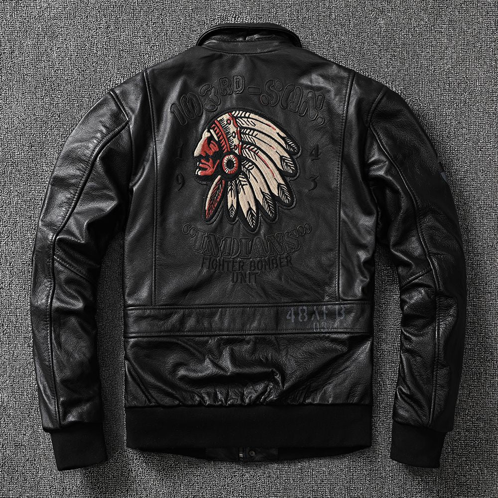 American Indian embroidery top layer cowhide leather jacket men's flight suit youth leather jacket