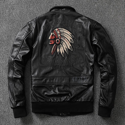 American Indian embroidery top layer cowhide leather jacket men's flight suit youth leather jacket