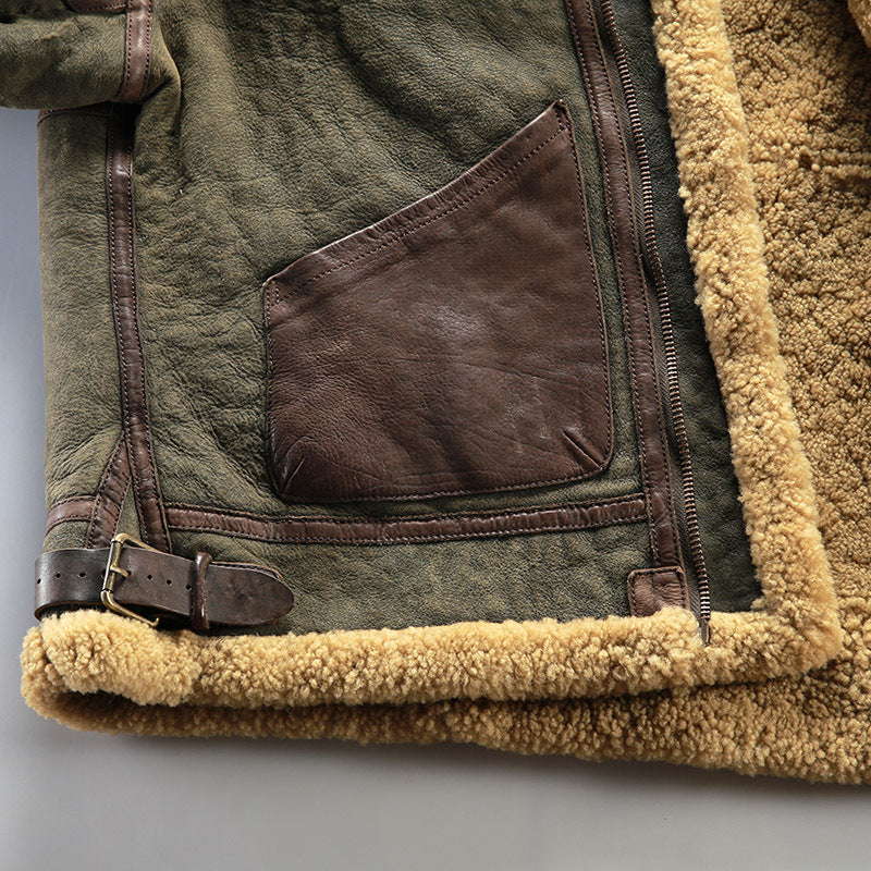Genuine sheepskin flight jacket, men's coat, Patton General B3 distressed leather shearling.