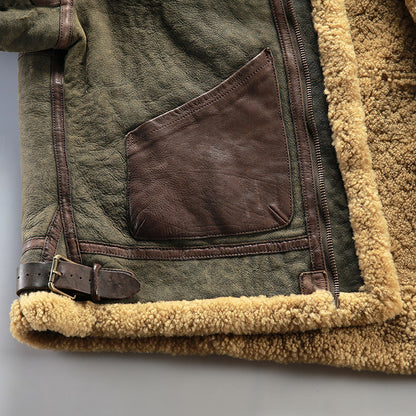 Genuine sheepskin flight jacket, men's coat, Patton General B3 distressed leather shearling.