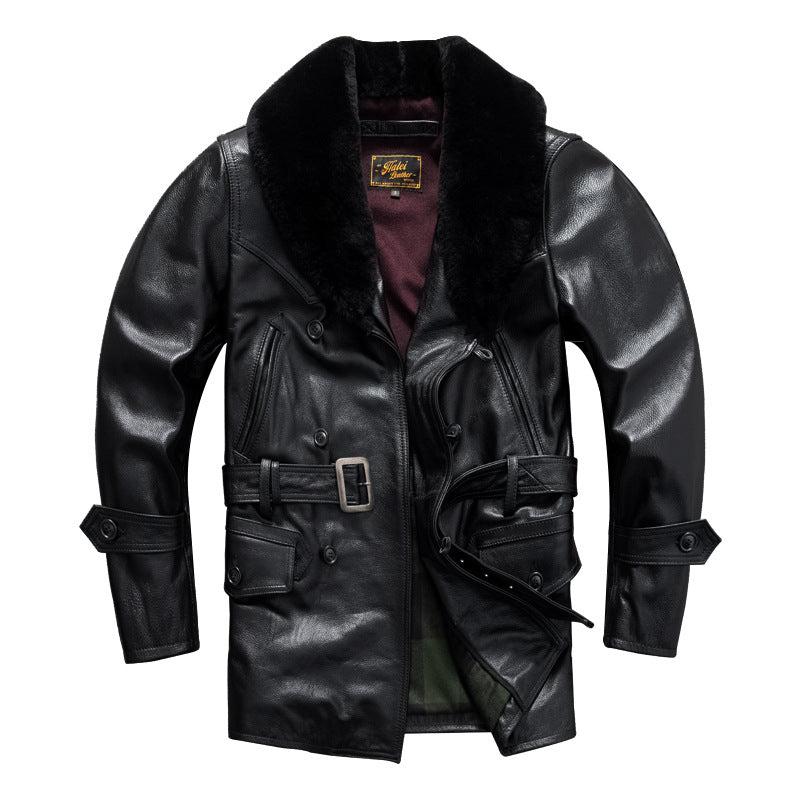 Men's mid-length fur collar casual large size autumn and winter jacket with top layer of cowhide leather