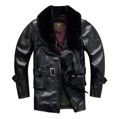 Men's mid-length fur collar casual large size autumn and winter jacket with top layer of cowhide leather