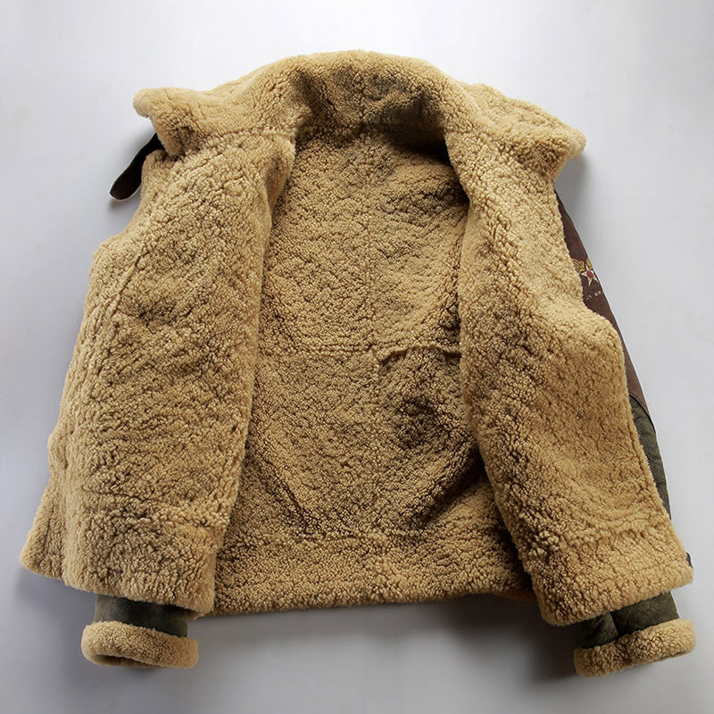 Genuine sheepskin flight jacket, men's coat, Patton General B3 distressed leather shearling.
