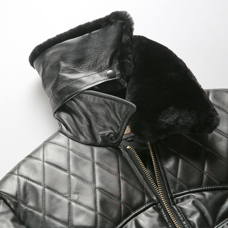 Men's winter motorcycle-style patchwork horsehide and sheepskin down jacket, genuine leather down jacket