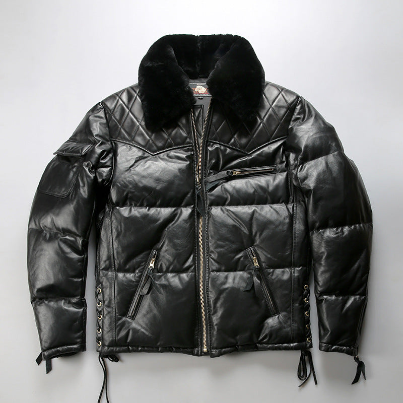 Men's winter motorcycle-style patchwork horsehide and sheepskin down jacket, genuine leather down jacket