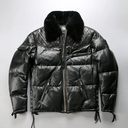 Men's winter motorcycle-style patchwork horsehide and sheepskin down jacket, genuine leather down jacket