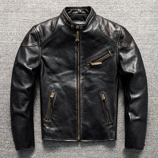 Men's vintage top-grain horsehide stand-up collar short motorcycle style genuine leather jacket Same as the movie