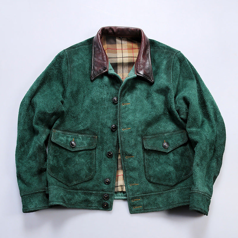 Vintage handmade RL denim leather jacket men's lapel suede leather jacket