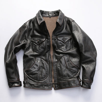 Farmer distressed vegetable tanned cowhide leather jacket for men with lapel