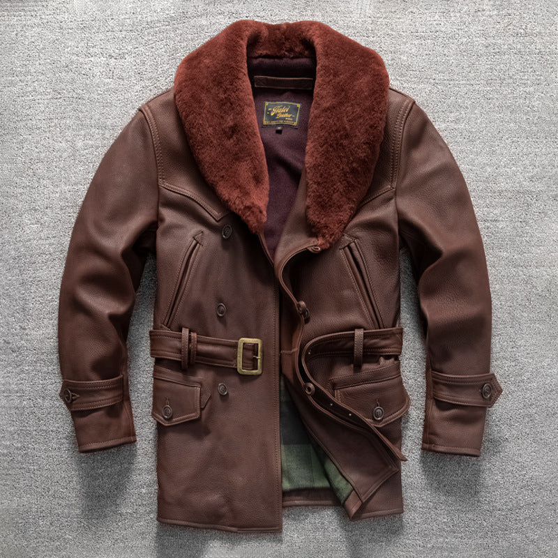Retro mid-length men's genuine leather trench coat, top layer cowhide leather jacket, fur collar, large size winter coat