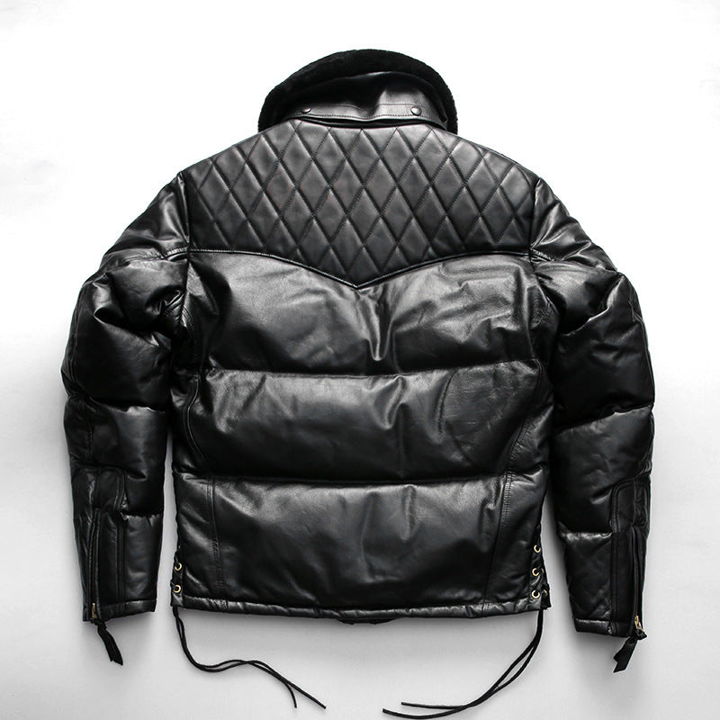 Men's winter motorcycle-style patchwork horsehide and sheepskin down jacket, genuine leather down jacket