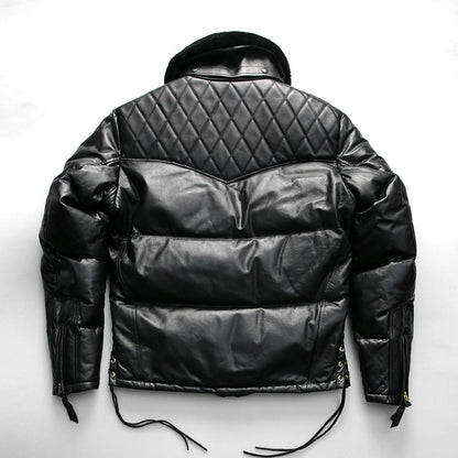 Men's winter motorcycle-style patchwork horsehide and sheepskin down jacket, genuine leather down jacket