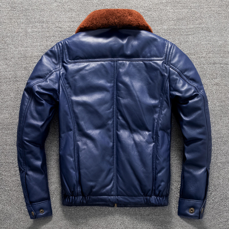 Men's top layer sheepskin leather down jacket warm short fur collar leather jacket large size winter coat