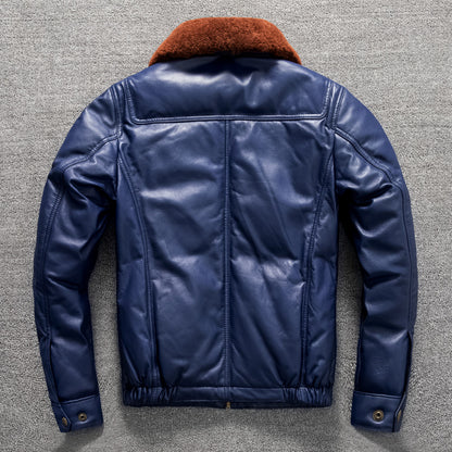 Men's top layer sheepskin leather down jacket warm short fur collar leather jacket large size winter coat