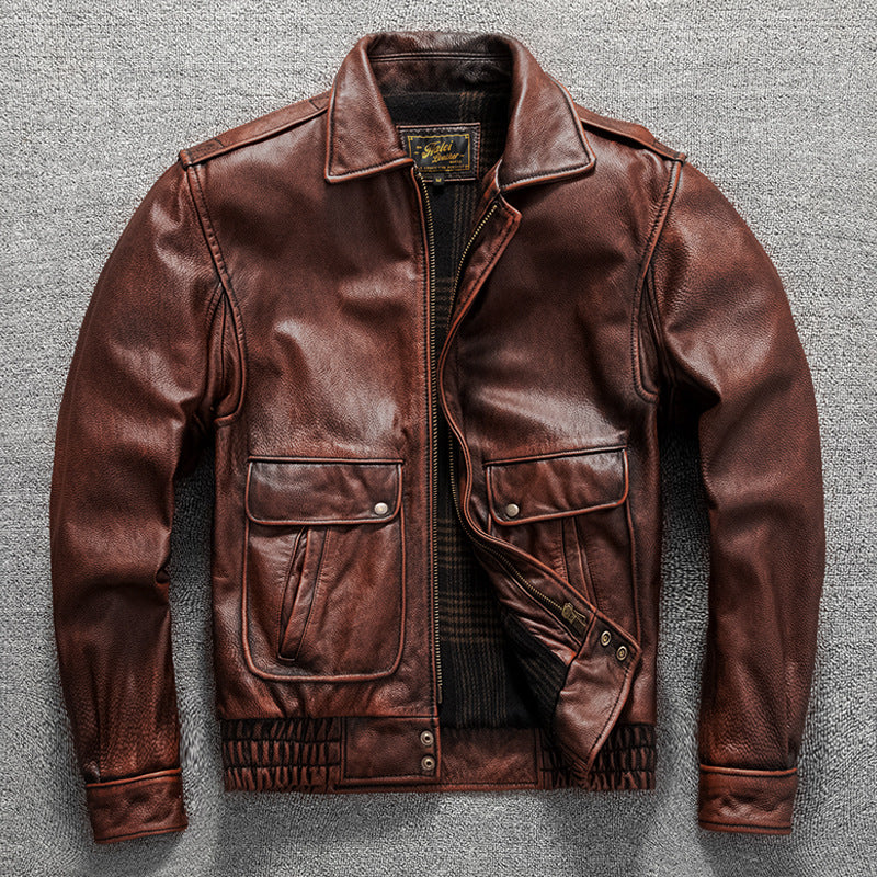 Vintage men's flight suit first layer cowhide leather motorcycle jacket autumn and winter jacket