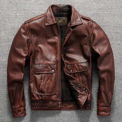 Vintage men's flight suit first layer cowhide leather motorcycle jacket autumn and winter jacket