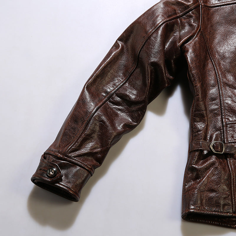 Brown vegetable tanned waxed cowhide leather lapel 1930 casual leather jacket