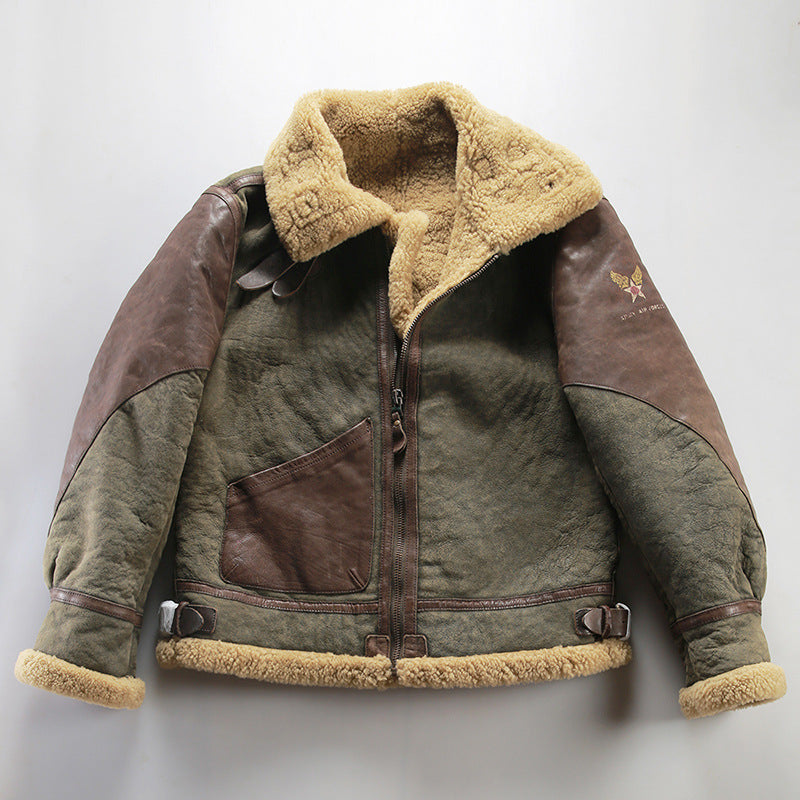 Genuine sheepskin flight jacket, men's coat, Patton General B3 distressed leather shearling.