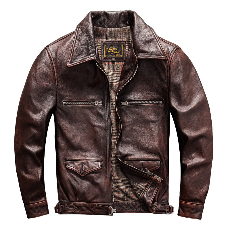 Men's cowhide genuine leather jacket flight suit short jacket