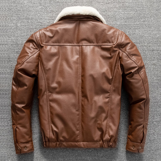 Men's first-layer cowhide down jacket, warm plus size genuine leather jacket, short plus size coat