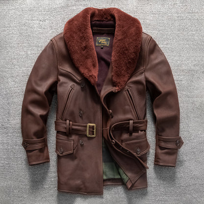 Retro mid-length men's genuine leather trench coat, top layer cowhide leather jacket, fur collar, large size winter coat