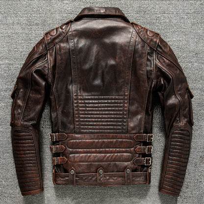 Men's top layer cowhide leather motorcycle jacket short leather jacket